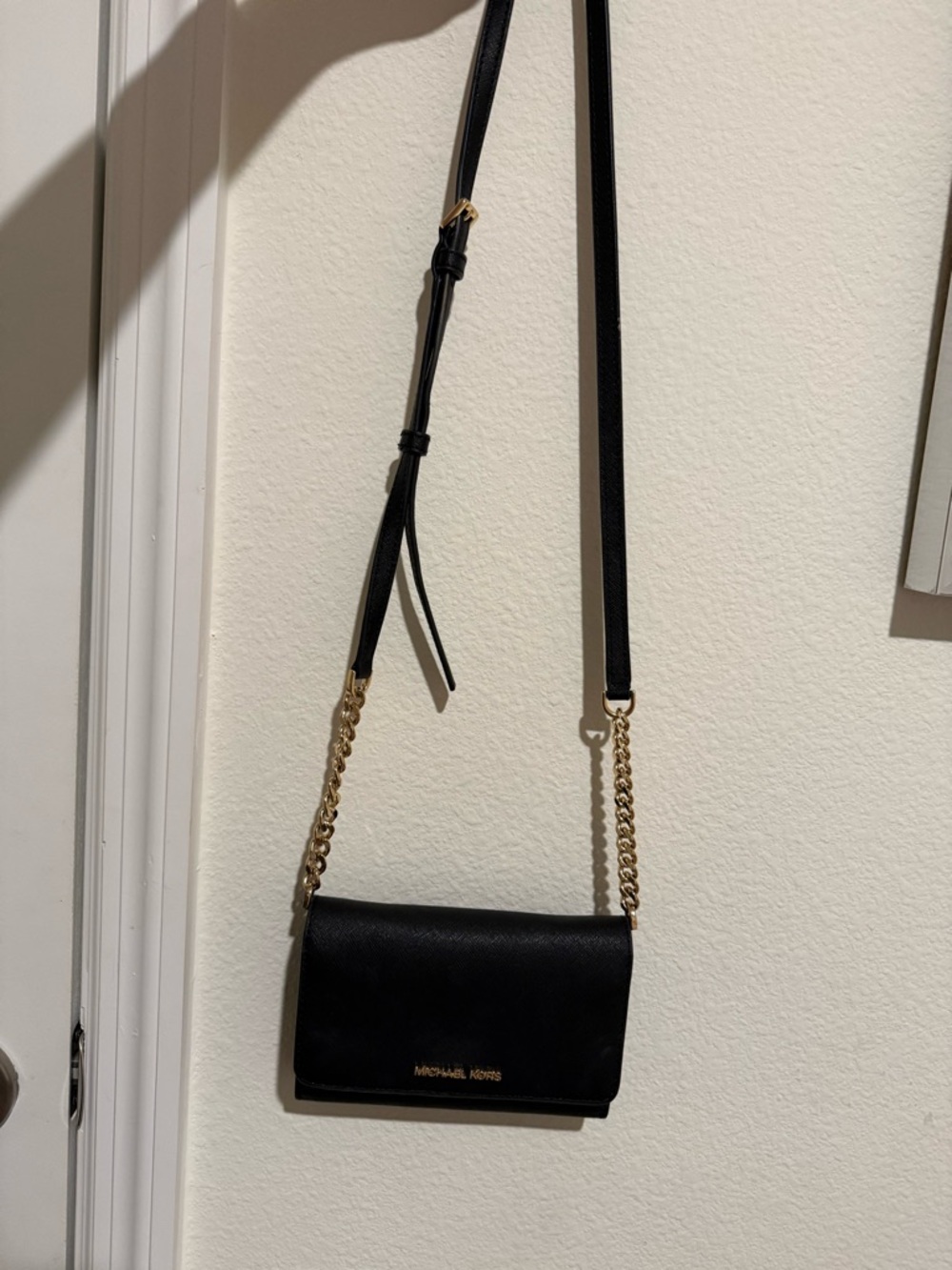 Michael Kors Black Leather Crossbody with Gold Chain Strap